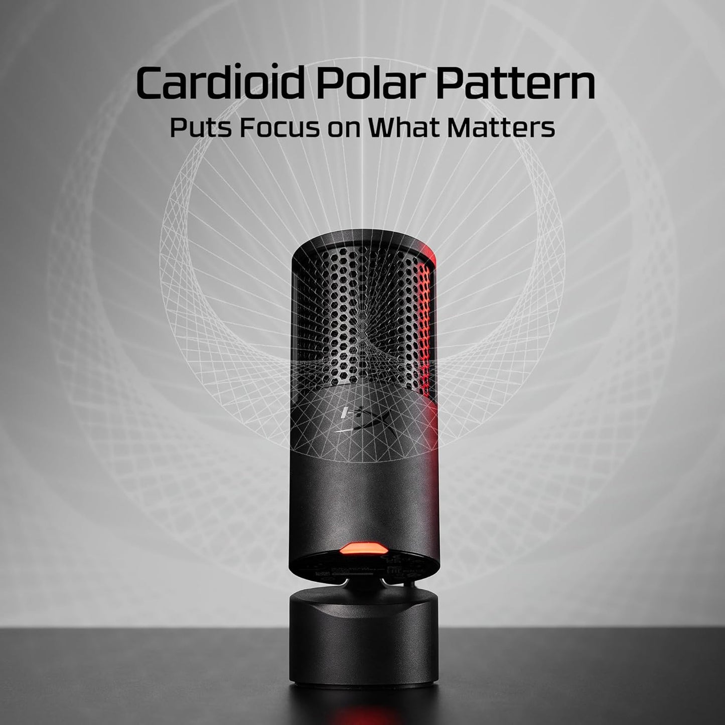 Black and red microphone with cardioid polar pattern on a gray background