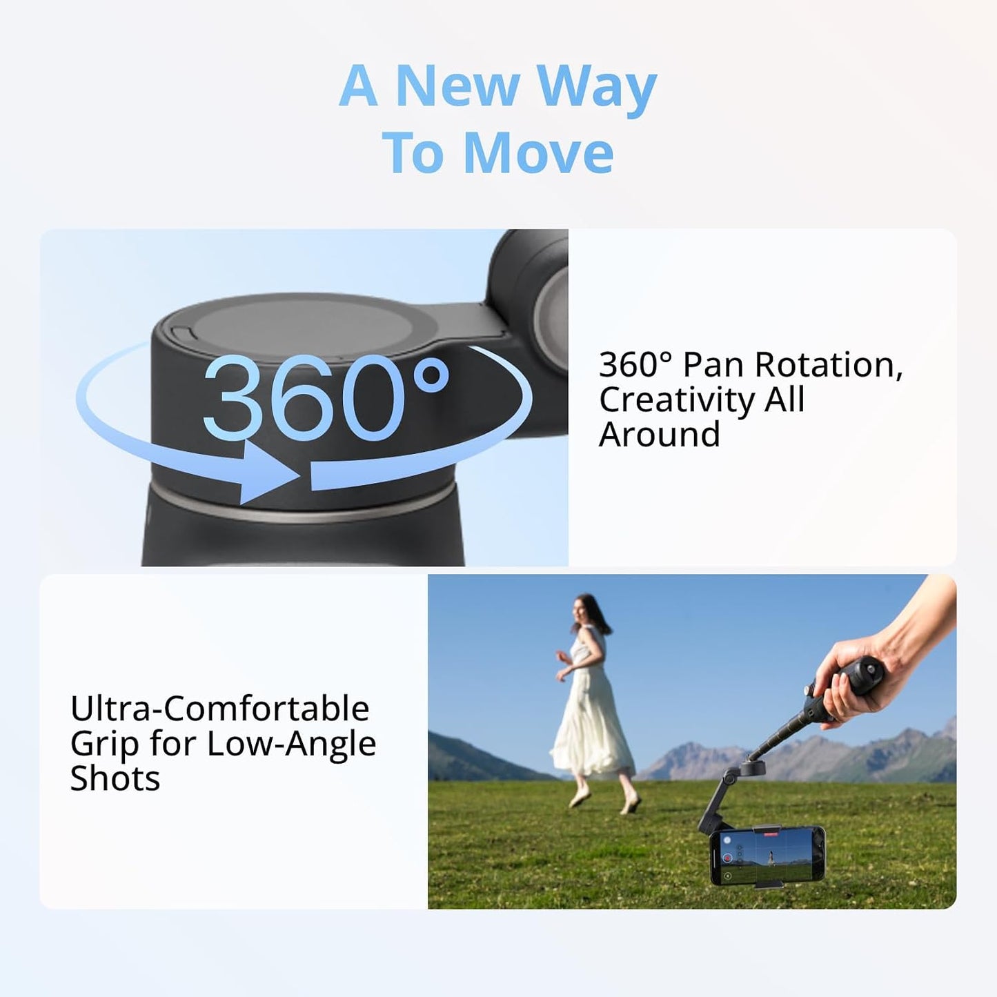 Promotional graphic for a handheld gimbal phone camera showing two feature callouts: a close-up of the gimbal body with a 360° rotation arrow and text reading '360° Pan Rotation, Creativity All Around,' and a lifestyle scene with a person running in a grassy field while holding the gimbal at a low angle, with text reading 'Ultra-Comfortable Grip for Low-Angle Shots.'.
