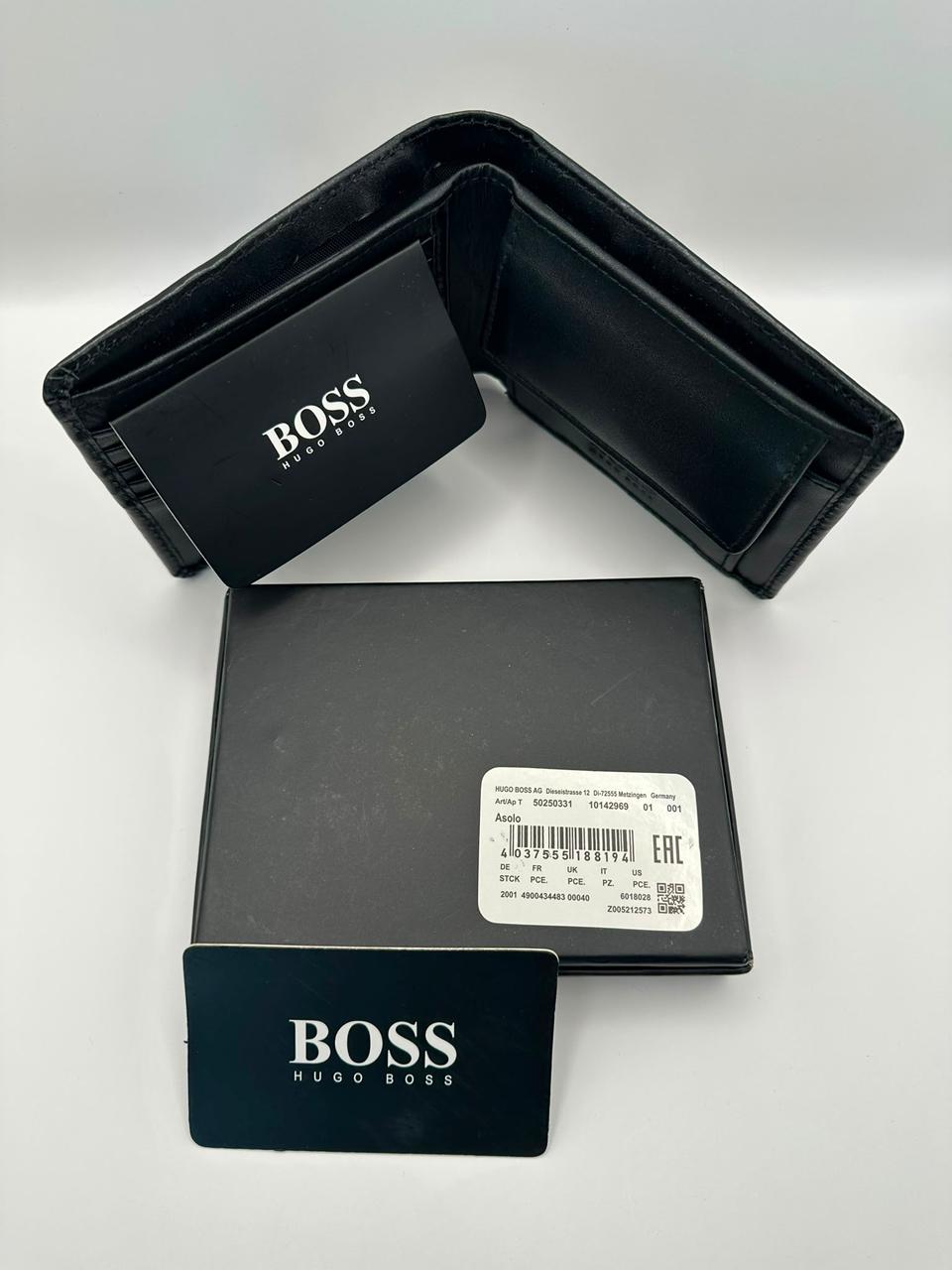 Black Hugo Boss wallet and cardholder on a white background