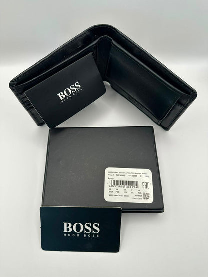 Black Hugo Boss wallet and cardholder on a white background