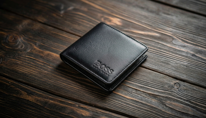 Black leather wallet with 'BOSS' branding on a wooden surface