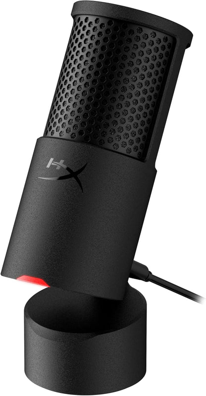 Black microphone with a stand on a white background