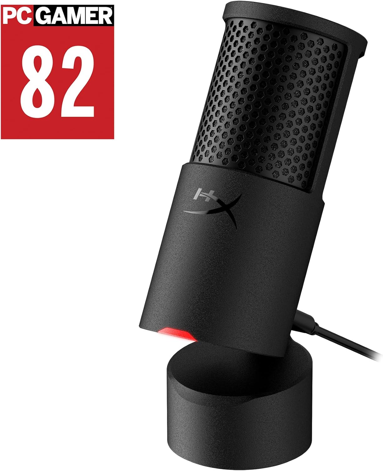 Black microphone with a stand on a white background, featuring the PC Gamer 82 rating.