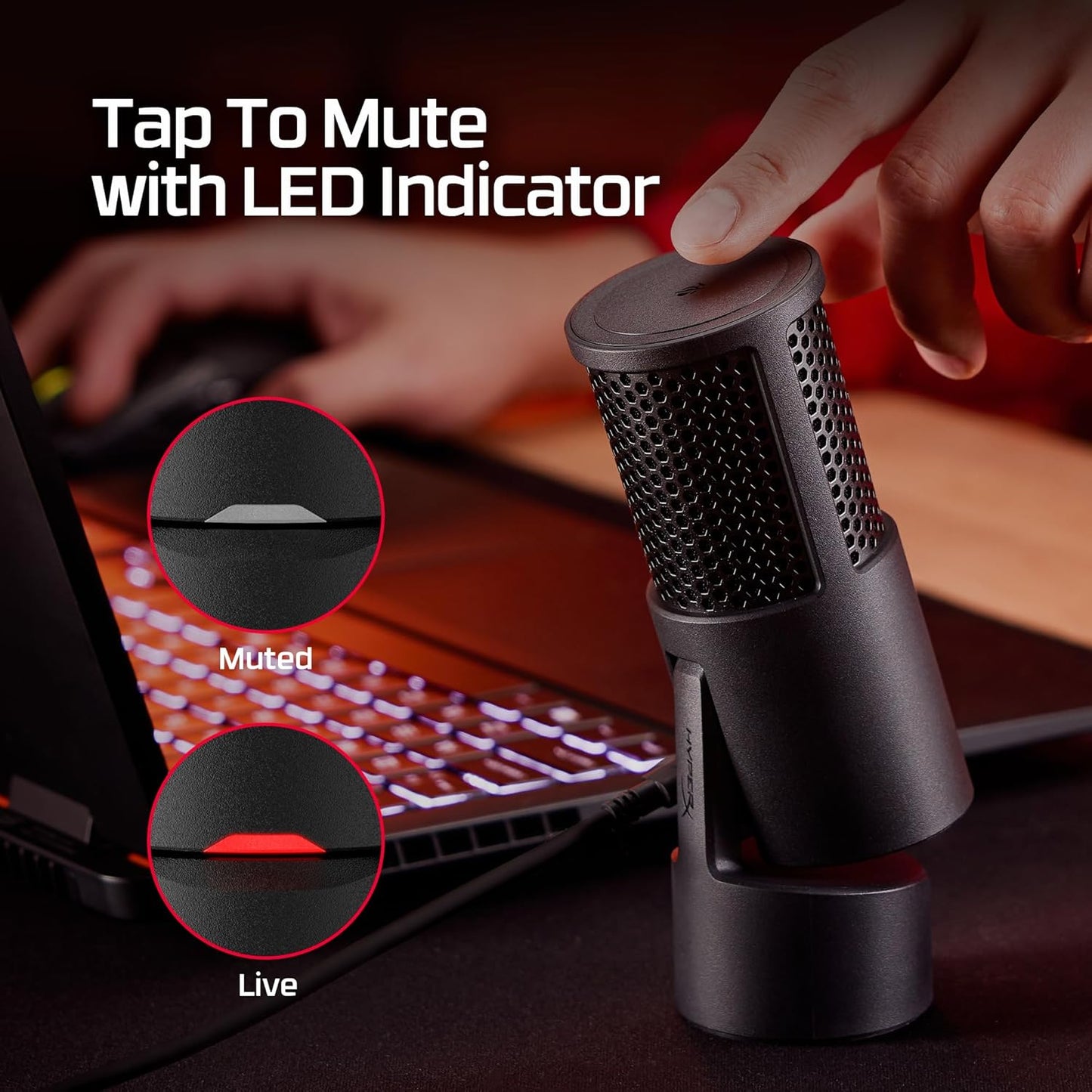 Black microphone with mute feature and LED indicator, used with a laptop.
