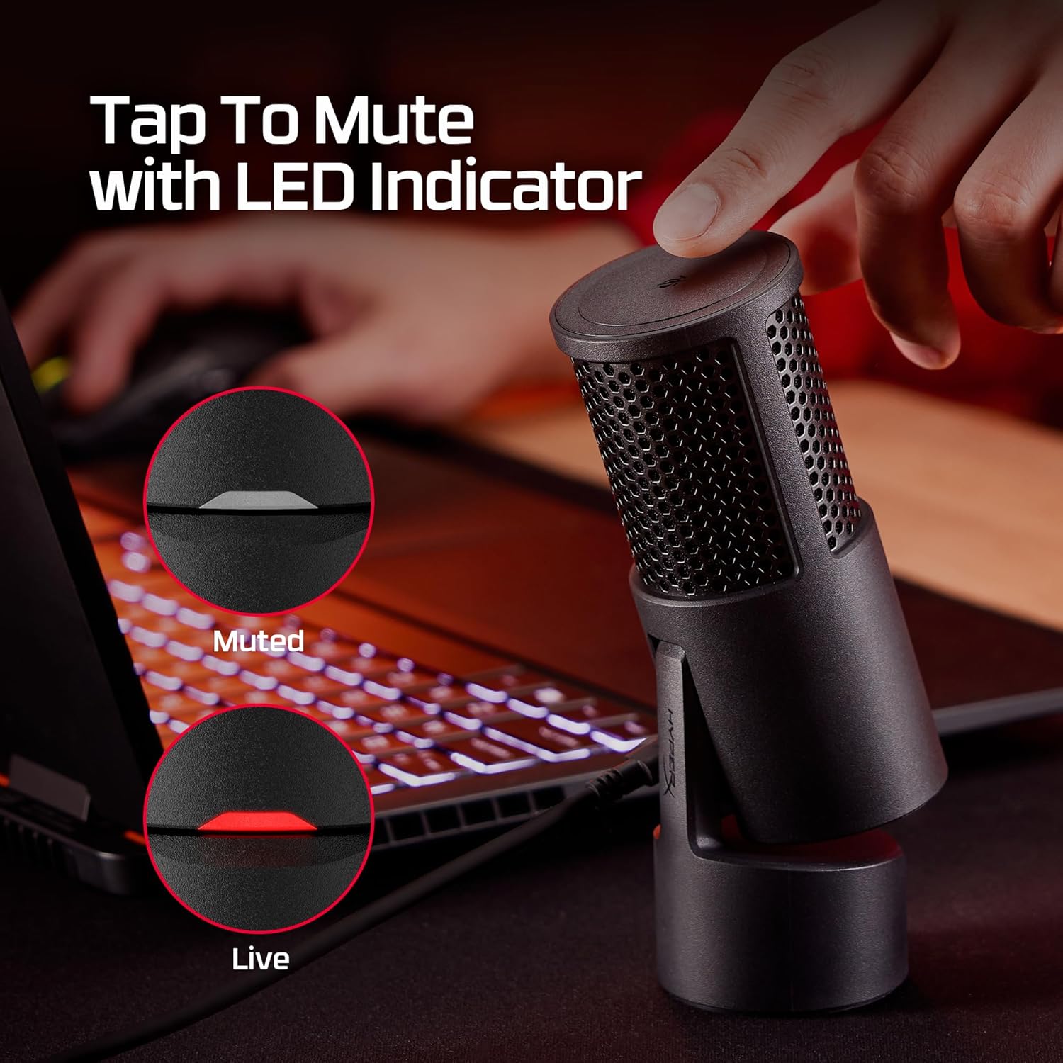 Black microphone with mute feature and LED indicator, used with a laptop.