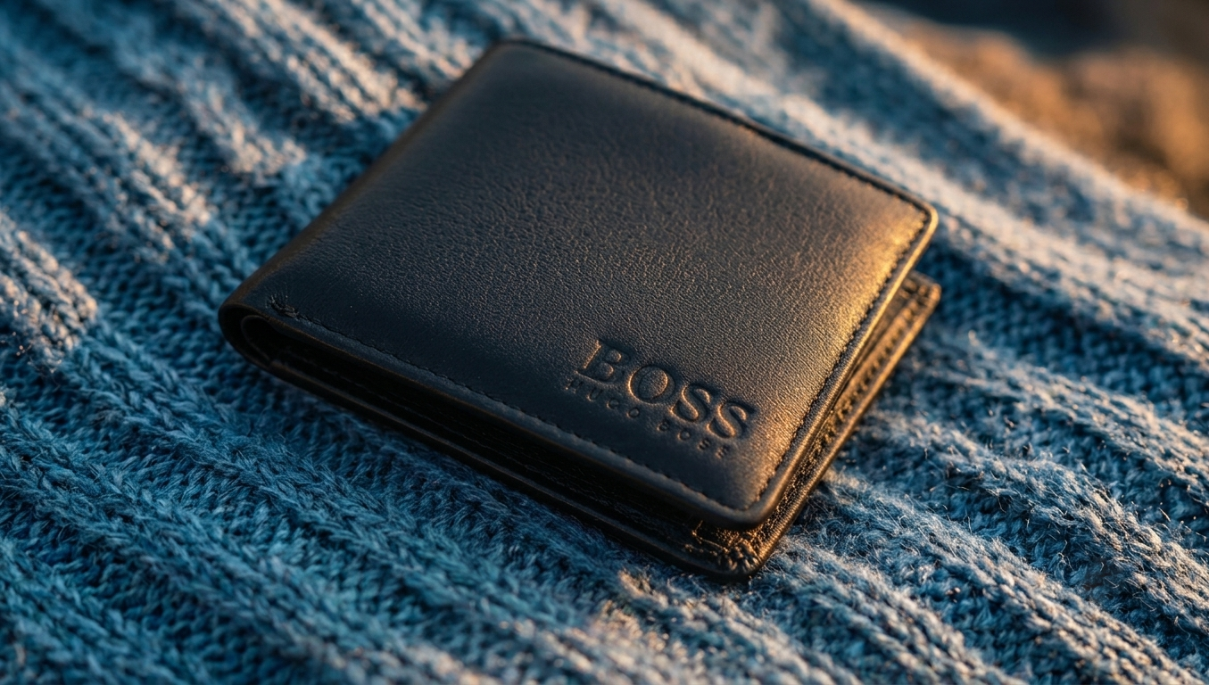 Black wallet with 'BOSS' branding on a textured blue fabric background