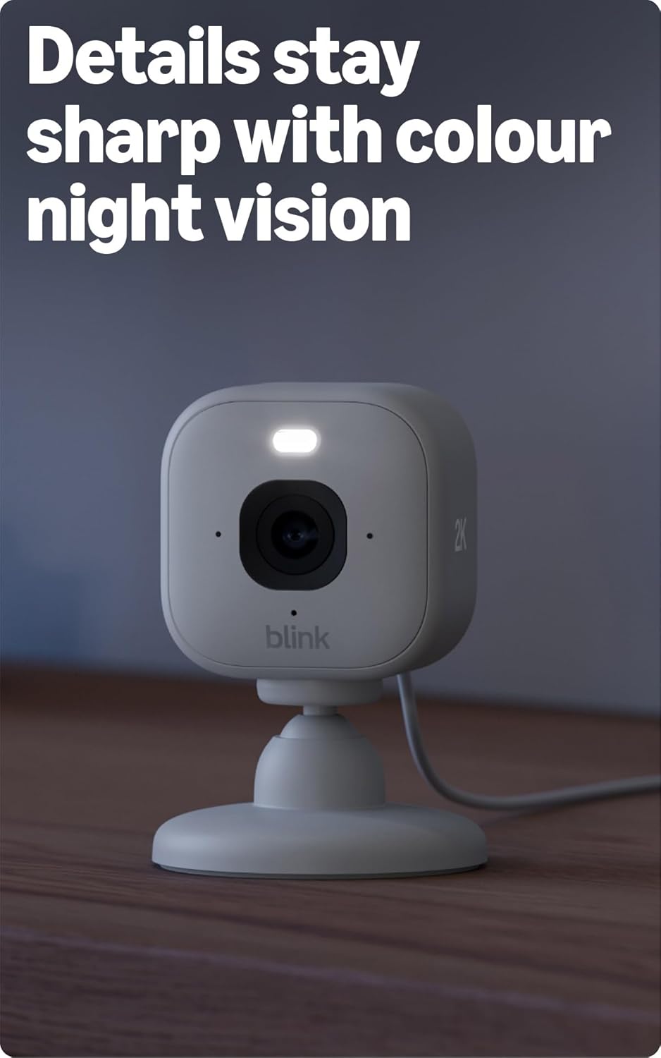 Blink Mini 2K+ camera with adjustable stand and mounting base