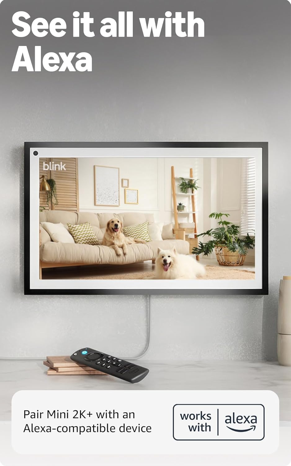 Blink Mini 2K+ feature icons — 2K resolution, color night vision, noise cancellation, LED spotlight, smart detection