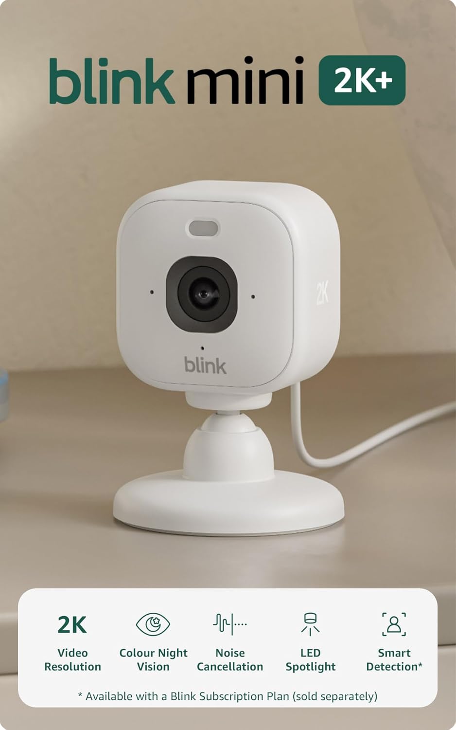 Blink Mini 2K+ indoor security camera on a wooden shelf