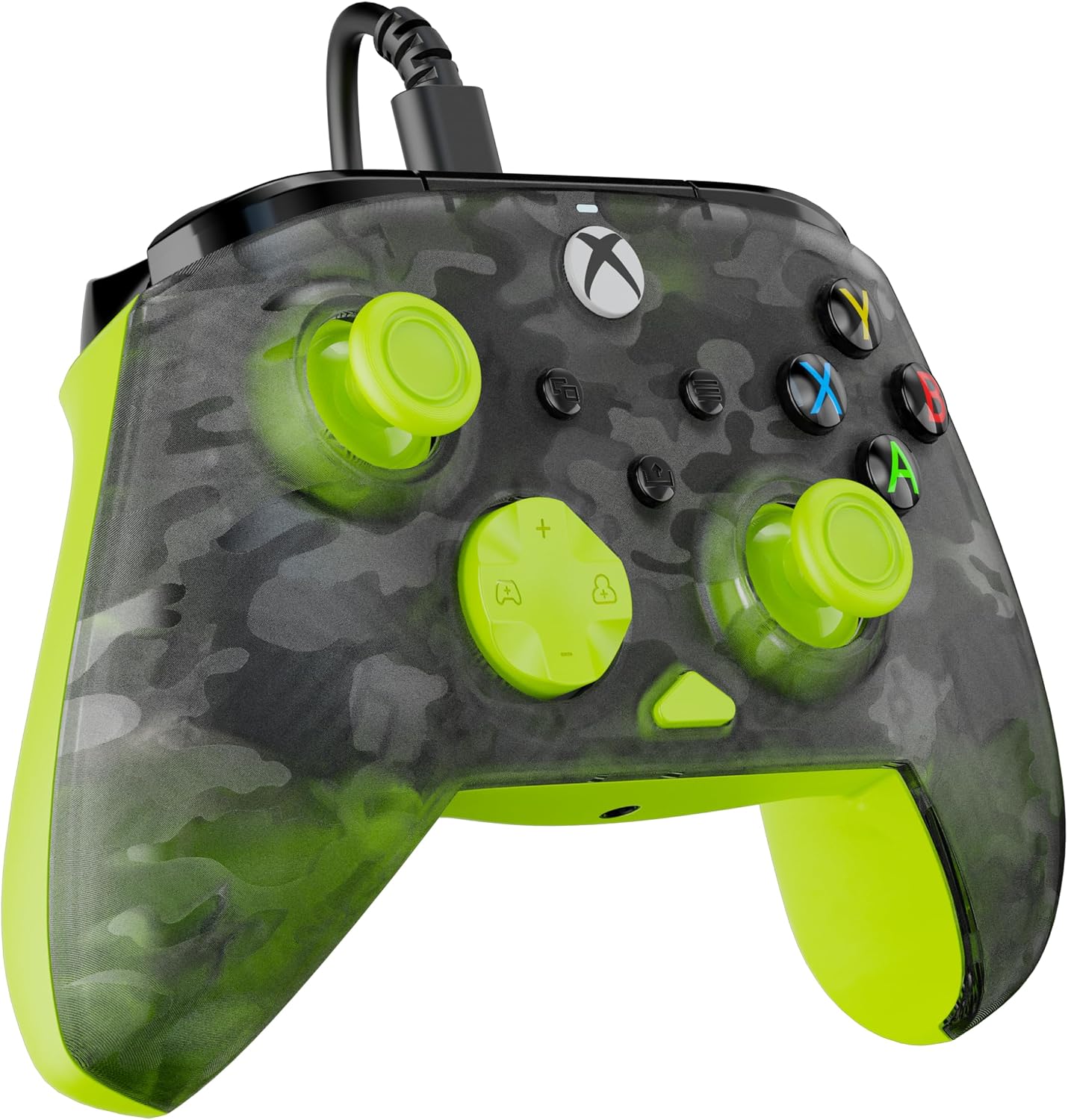 Close-up of Hall-Effect thumbstick on green camo Xbox controller