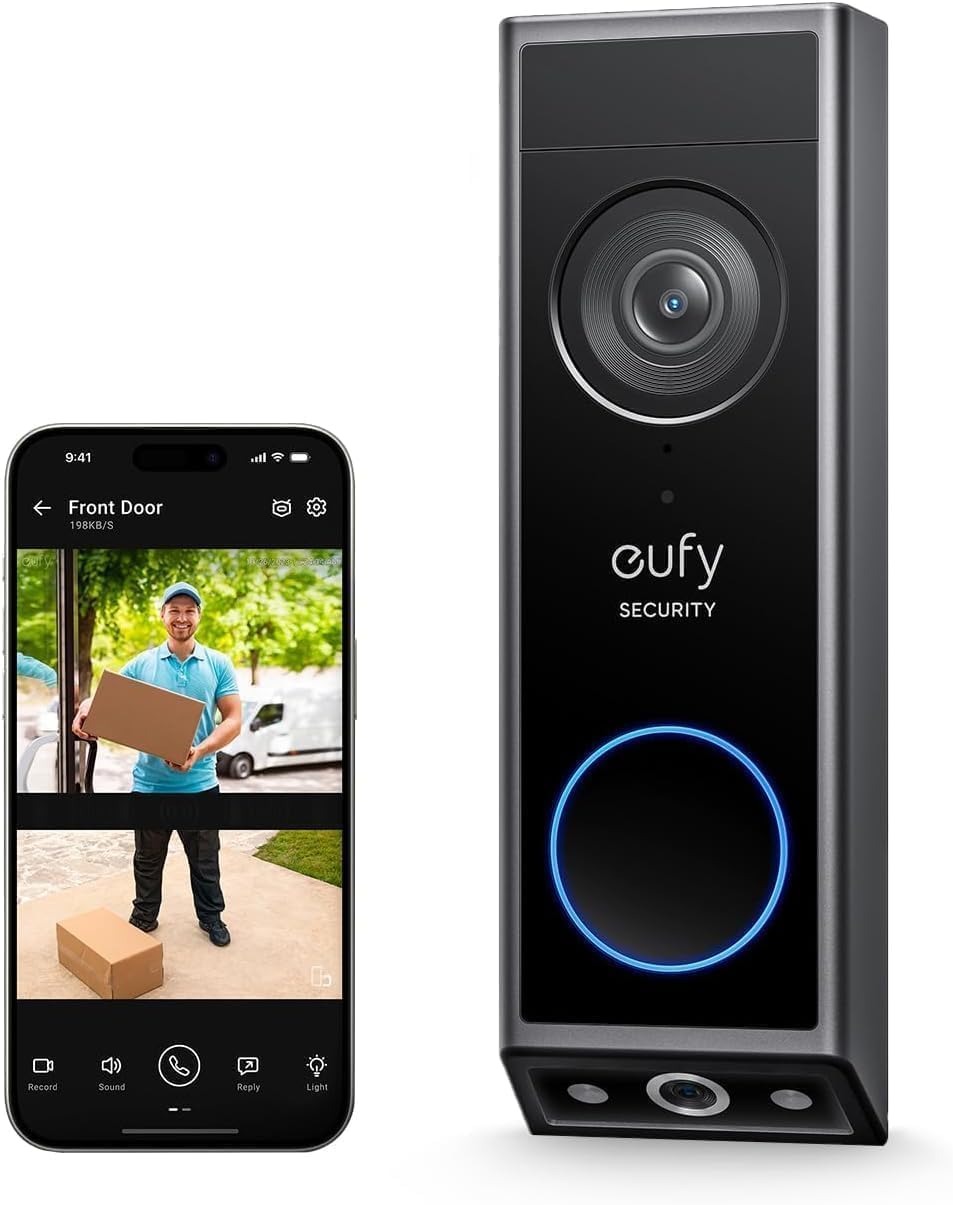Dual camera video doorbell in sleek black design with glowing blue ring light