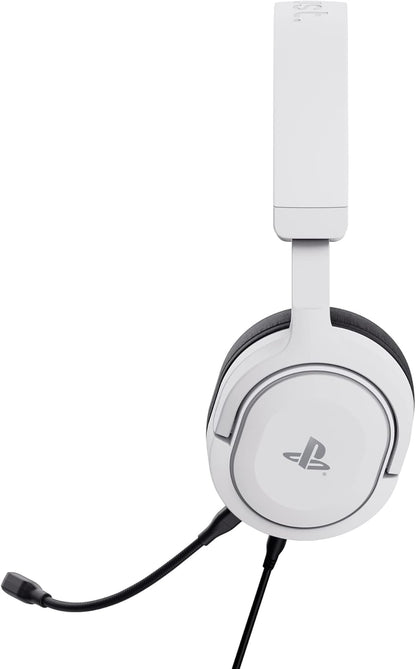 Gamer wearing Trust GXT 498W Forta white PS5 headset during gameplay