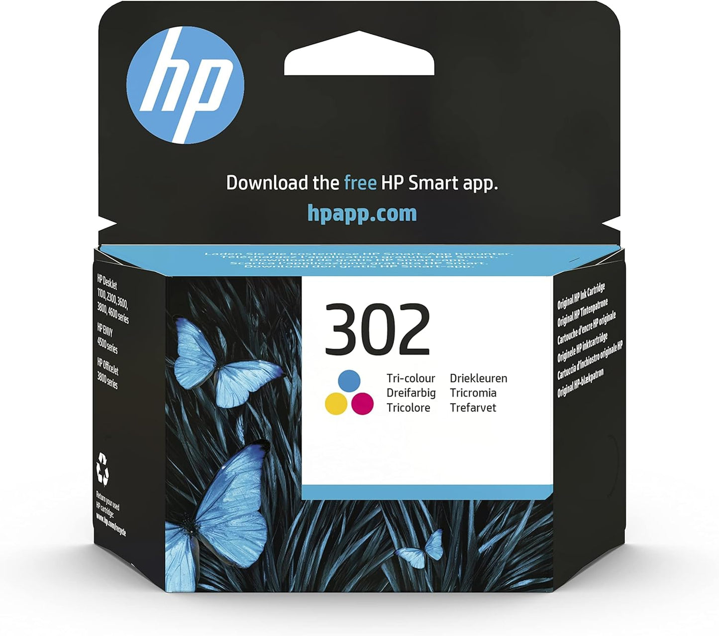 HP 302 Original Tri-Colour ink cartridge box front with butterfly design