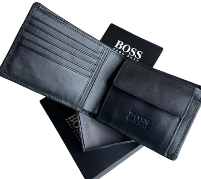 Interior card slots and note compartments of Hugo Boss men's leather bifold wallet