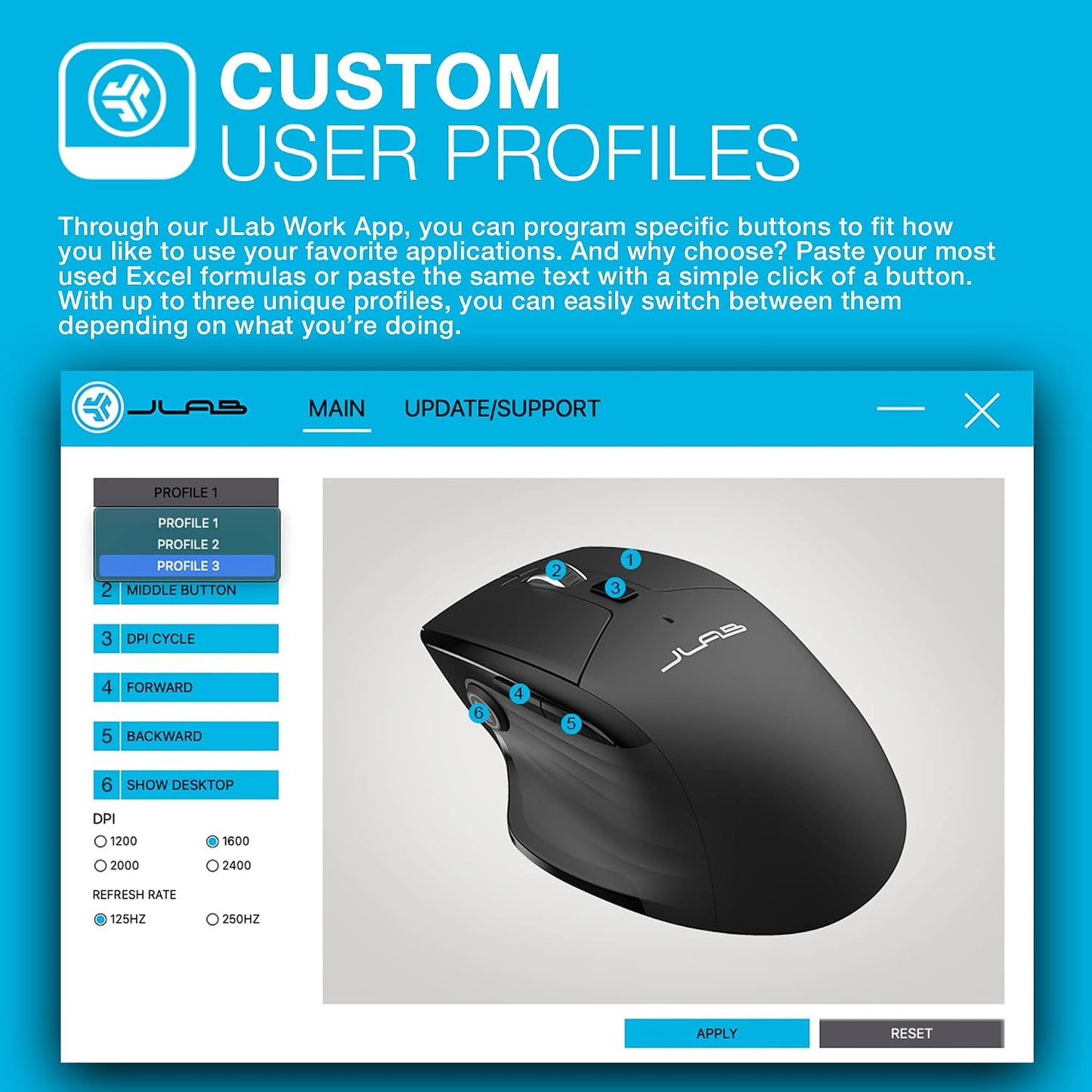 JLab JBuds wireless ergonomic mouse with USB dongle and quick start guide