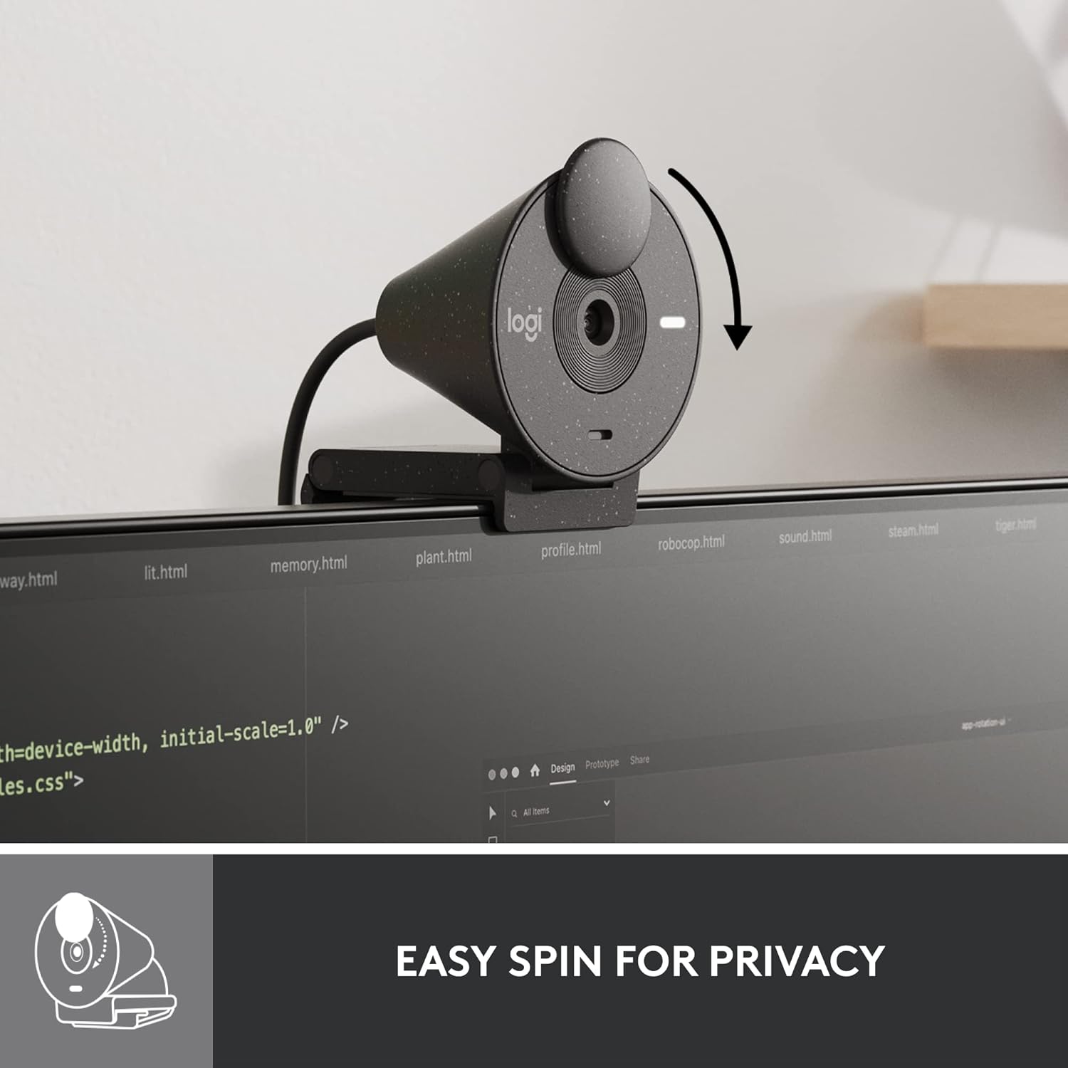 Logitech webcam on a computer screen with text 'Easy Spin for Privacy'.