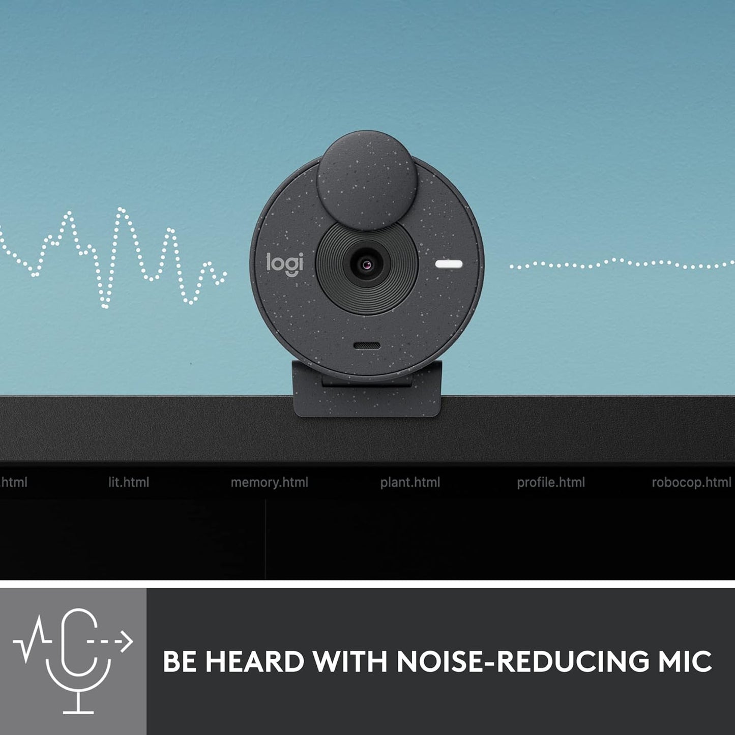 Logitech webcam with sound waves on a blue background, emphasizing noise-reducing mic feature.