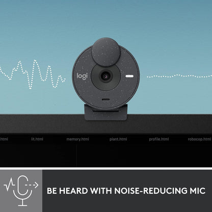 Logitech webcam with sound waves on a blue background, emphasizing noise-reducing mic feature.