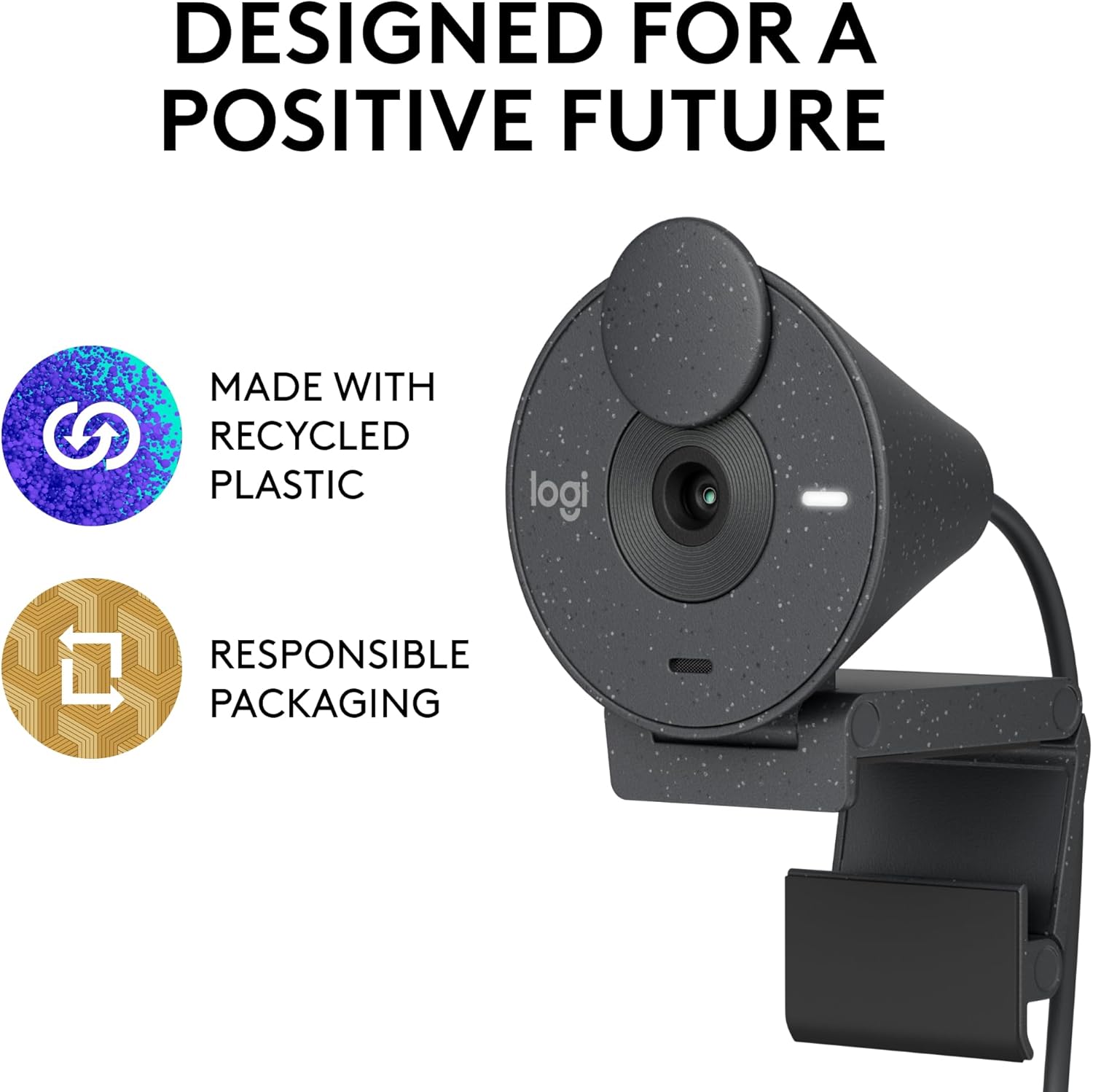 Logitech webcam with sustainability features on a white background
