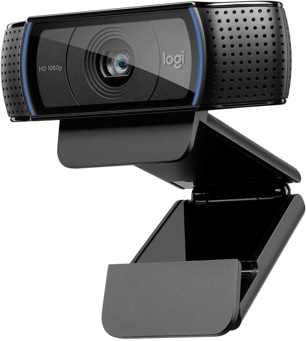 Main product shot: Logitech C920 HD Pro Webcam with 1080p glass lens and adjustable clip