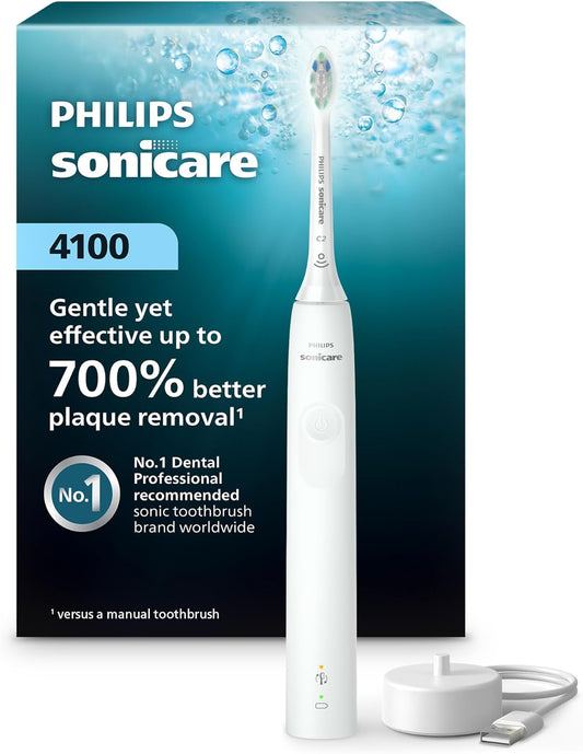 Philips Sonicare 4100 rechargeable electric toothbrush white with charging base and USB cable