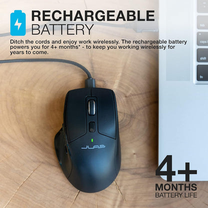 Side profile of JLab JBuds ergonomic mouse highlighting full-size design