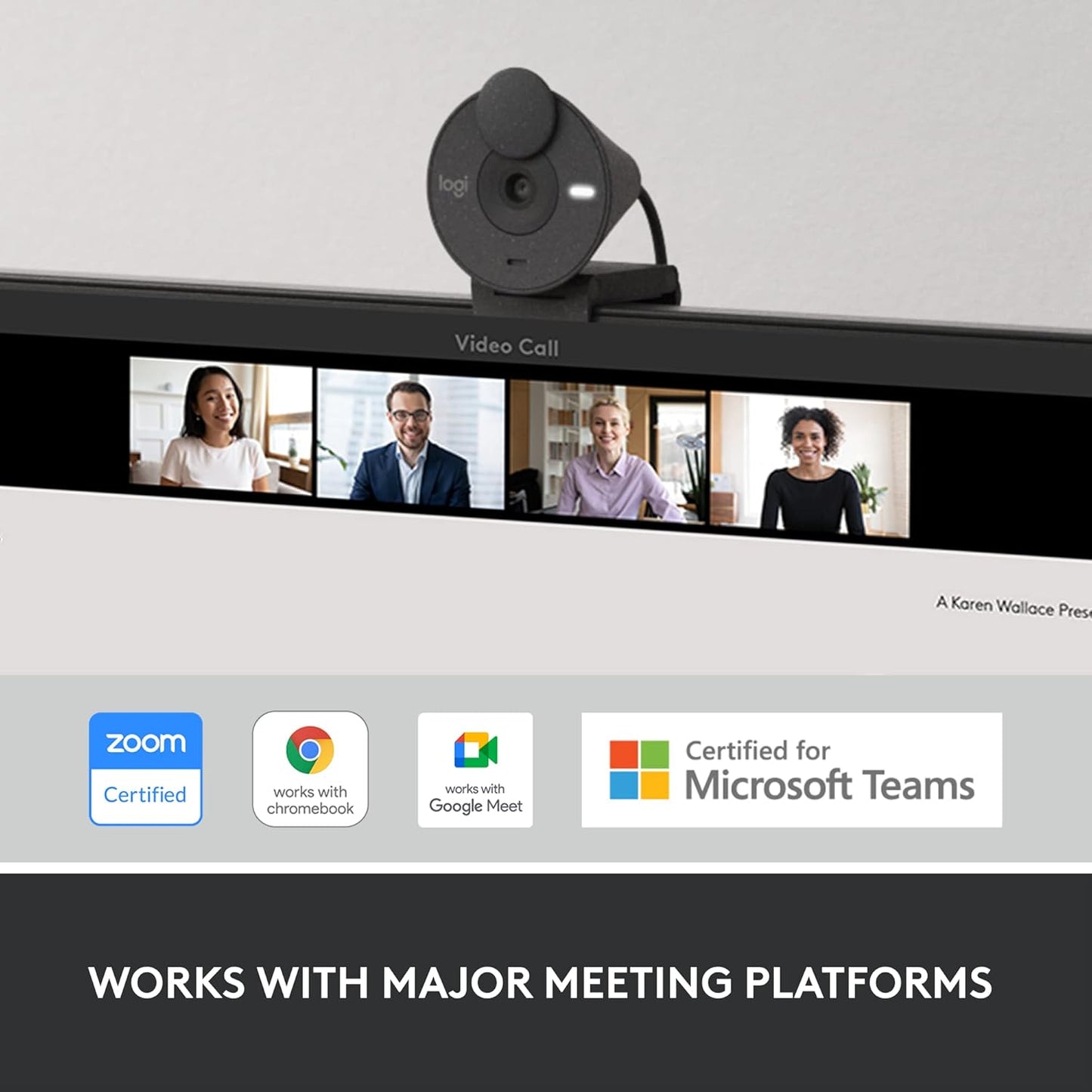 Video conferencing setup with multiple participants on a screen, featuring certification logos for Zoom, Google Meet, Microsoft Teams, and others.