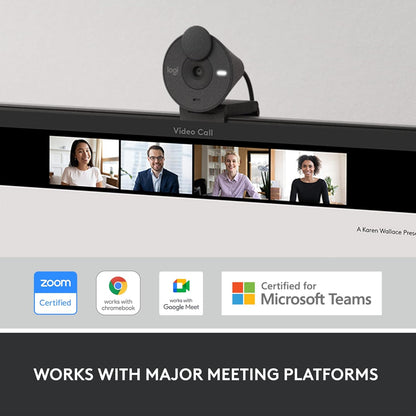 Video conferencing setup with multiple participants on a screen, featuring certification logos for Zoom, Google Meet, Microsoft Teams, and others.