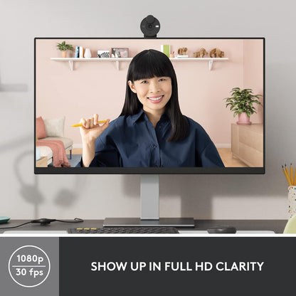 Woman on a video call displayed on a computer monitor with text 'Show up in full HD clarity'.