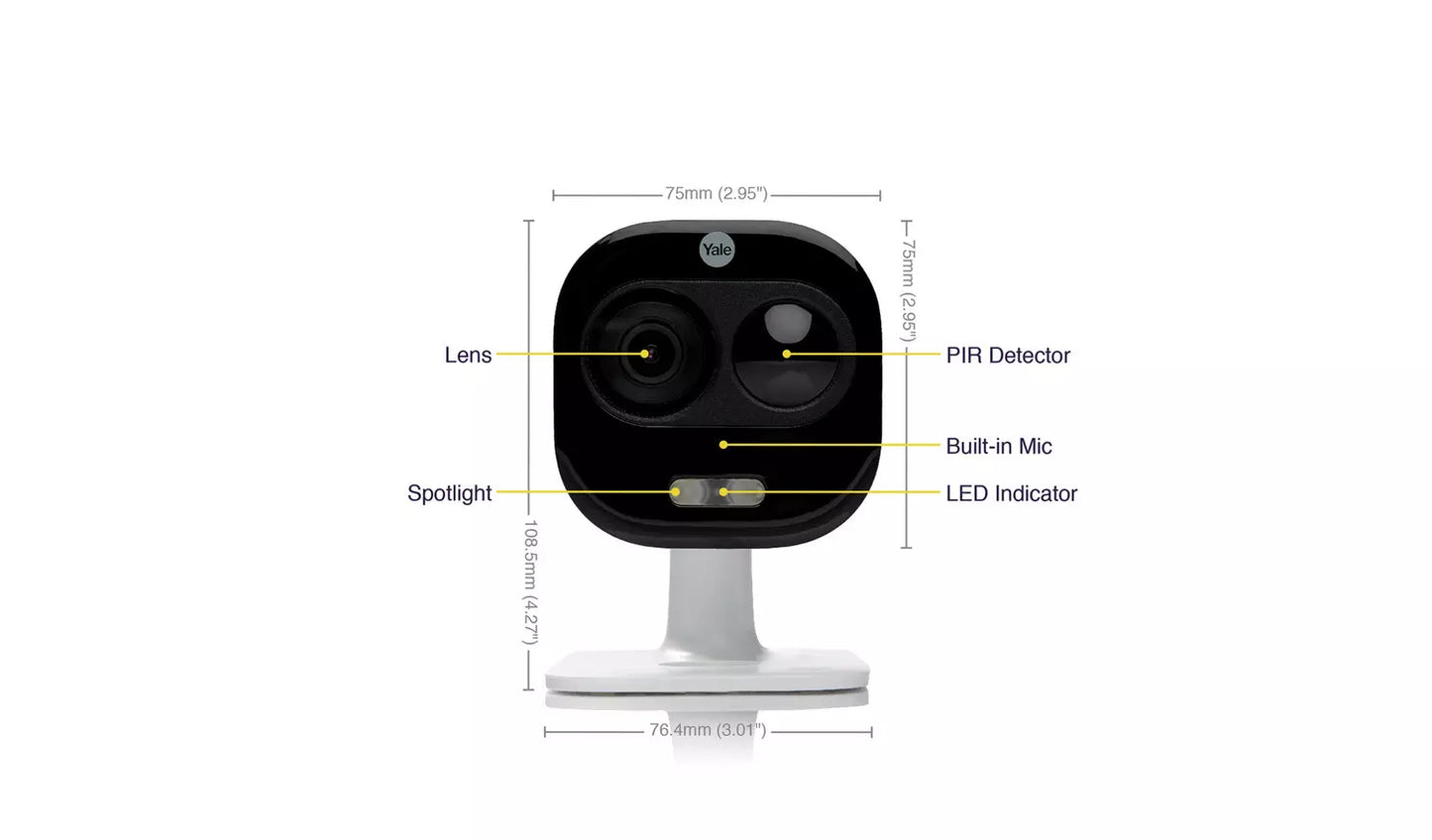 Yale outdoor camera lens PIR sensor and 160 lumen spotlight close-up