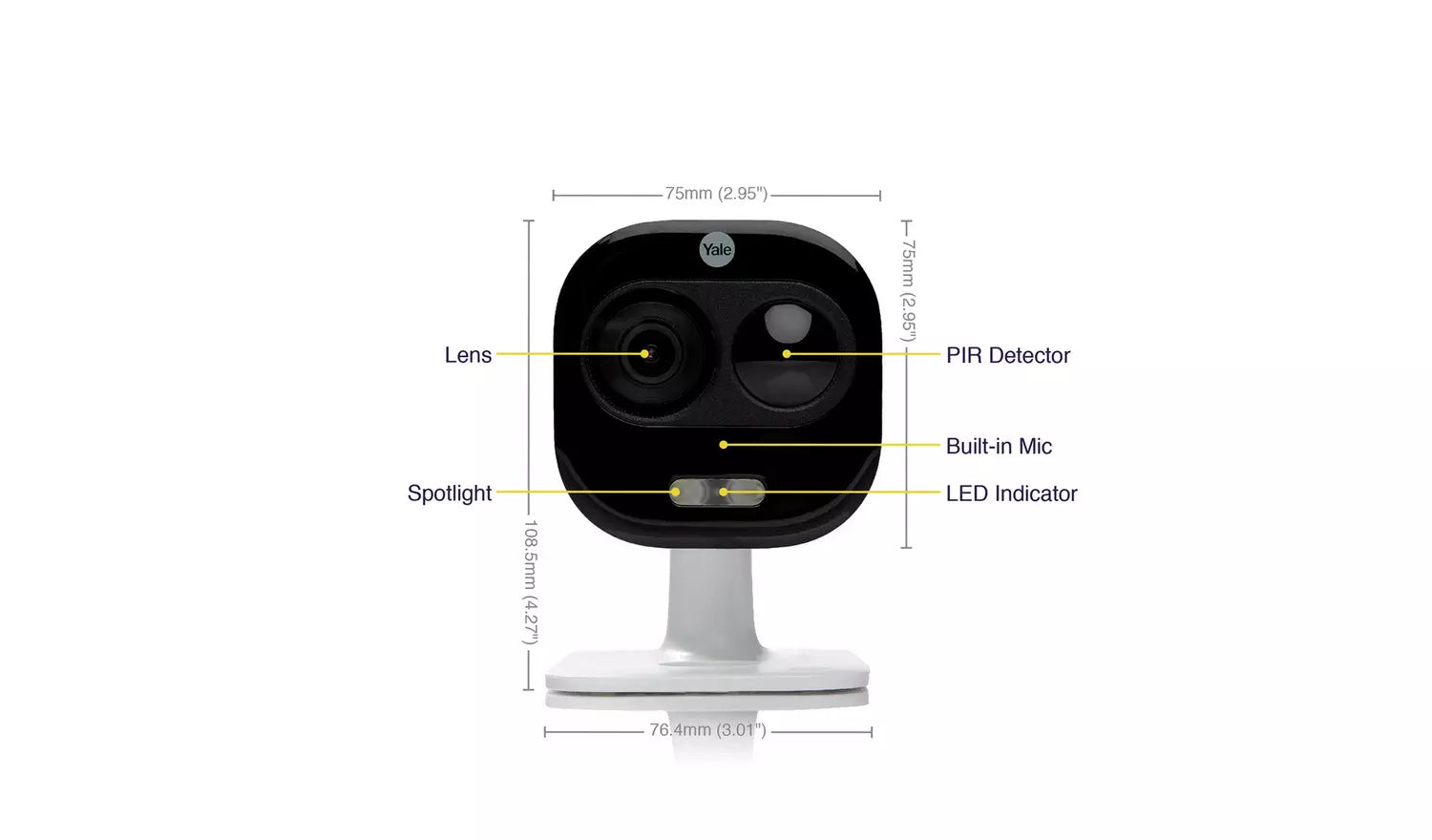 Yale outdoor camera lens PIR sensor and 160 lumen spotlight close-up