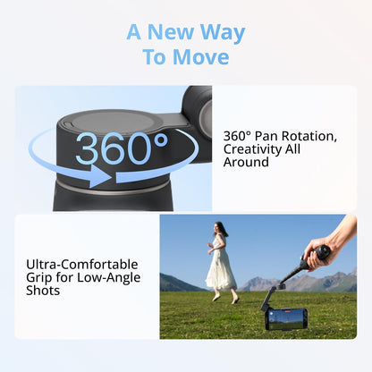 Promotional graphic for a handheld gimbal phone camera showing two feature callouts: a close-up of the gimbal body with a 360° rotation arrow and text reading '360° Pan Rotation, Creativity All Around,' and a lifestyle scene with a person running in a grassy field while holding the gimbal at a low angle, with text reading 'Ultra-Comfortable Grip for Low-Angle Shots.'.